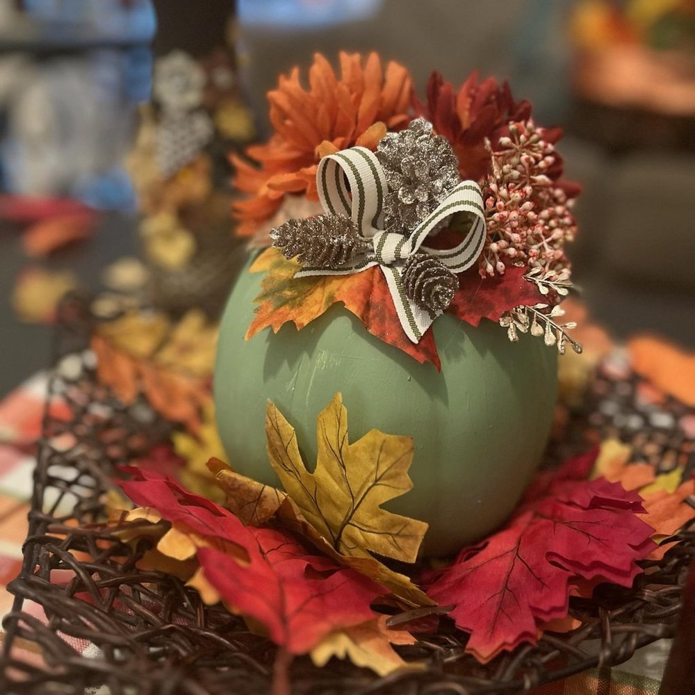 Handmade green floral pumpkin